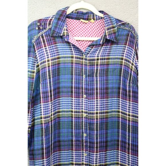 True Craft Gauzy Long Sleeve Plaid Button Up Dress-Size Large-Beaded - Picture 2 of 8